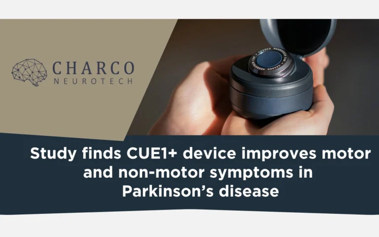 Graphic reading: Study finds CUE1+ device improves motor and non-motor symptoms in Parkinson’s disease, with a hand holding the CUE1+ charging case