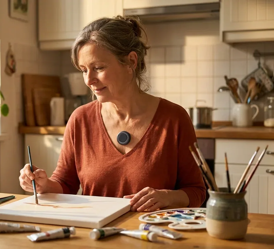 A woman paints on a small canvas at a kitchen table surrounded by brushes and houseplants, wearing a CUE1+.