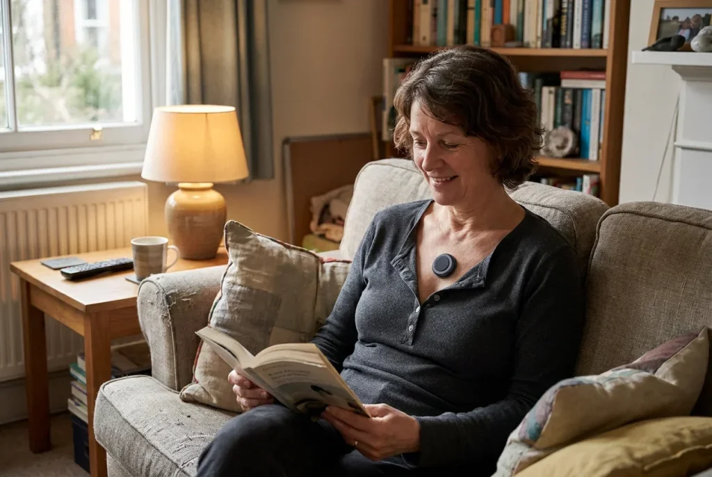 A woman reads a book on a sofa in a softly lit living room, wearing a CUE1+ on her chest.