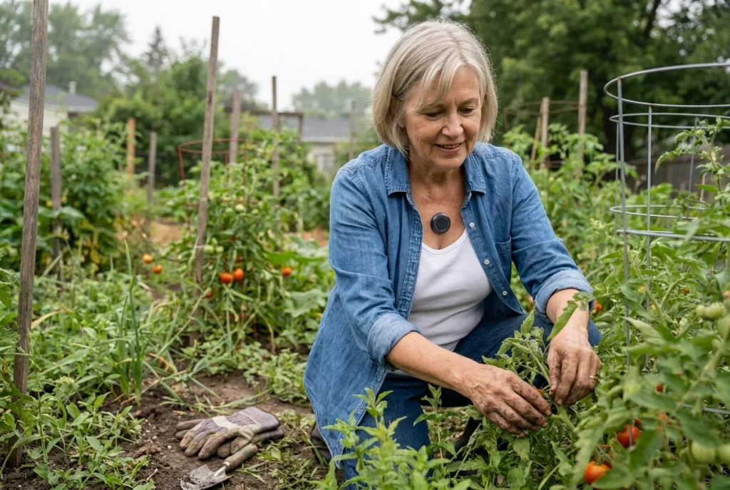 A woman kneels in a vegetable garden tending staked tomato plants, wearing a CUE1+ on her chest.