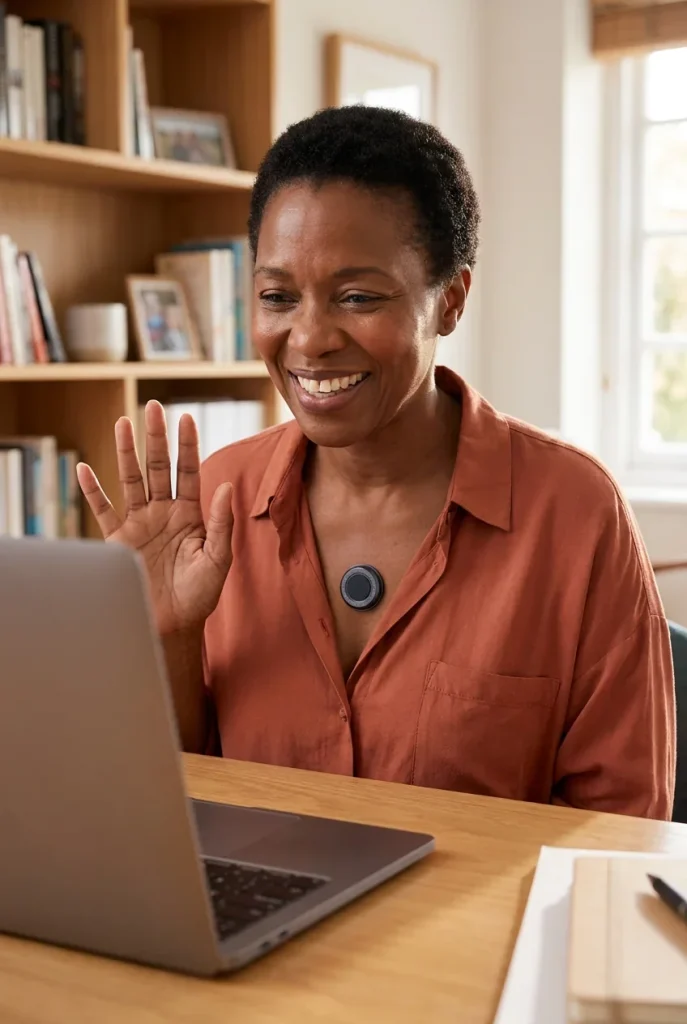 A woman at a wooden desk waves at her laptop during a video call in a book-lined room, wearing a CUE1+.